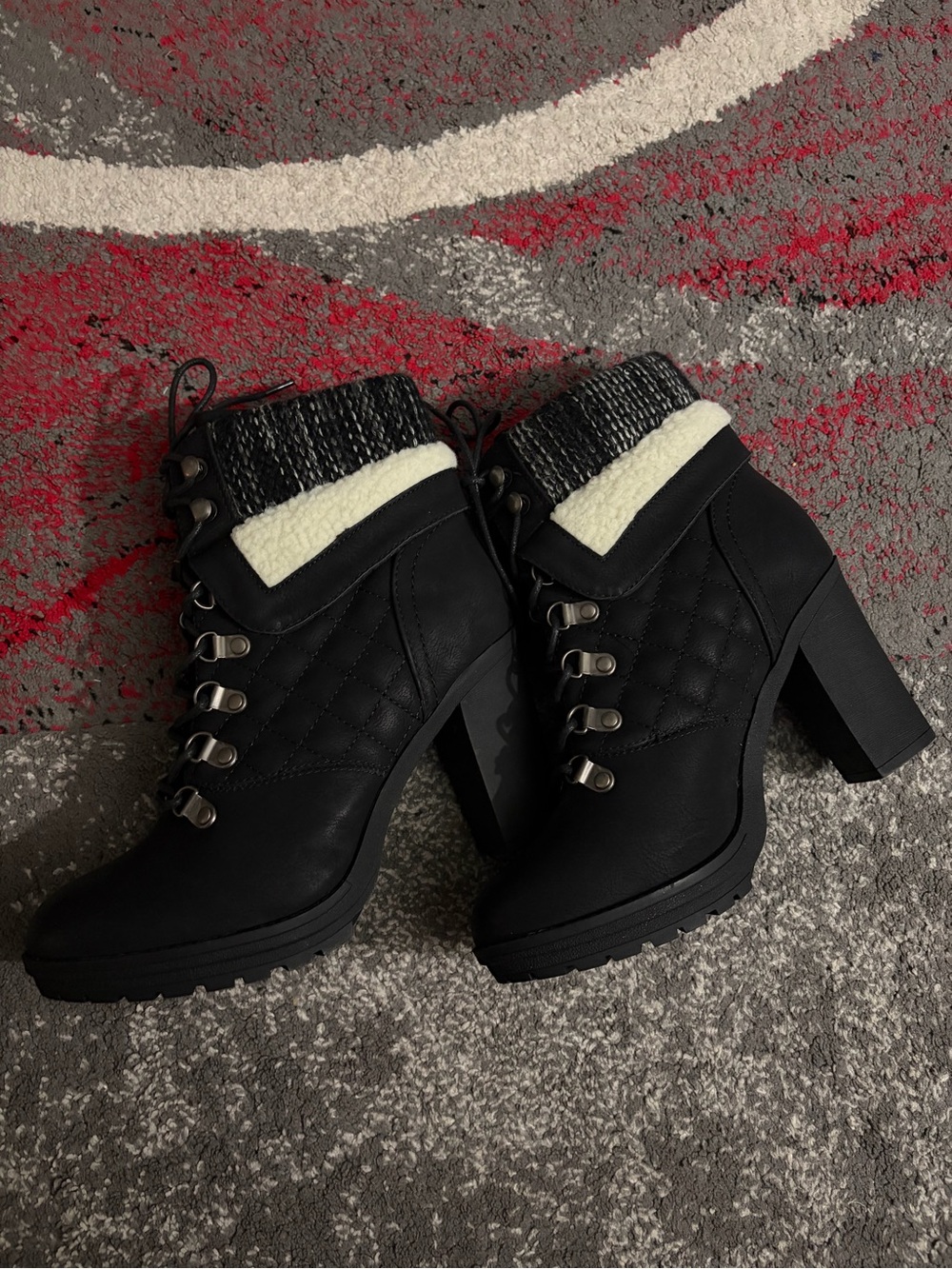 Global Win Black Quilted Ankle Heeled Boots with Cream Shearling Trim